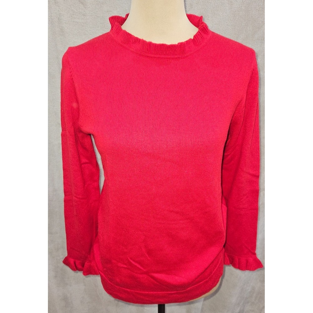 Ann Taylor Petite M Red Ruffle Neck Sweater Cotton Blend Holiday Preppy Feminine